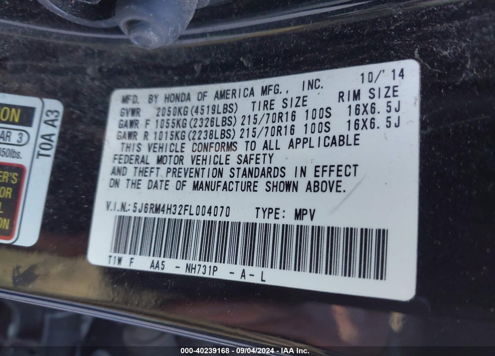 2015 HONDA CR-V LX VIN: 5J6RM4H32FL004070