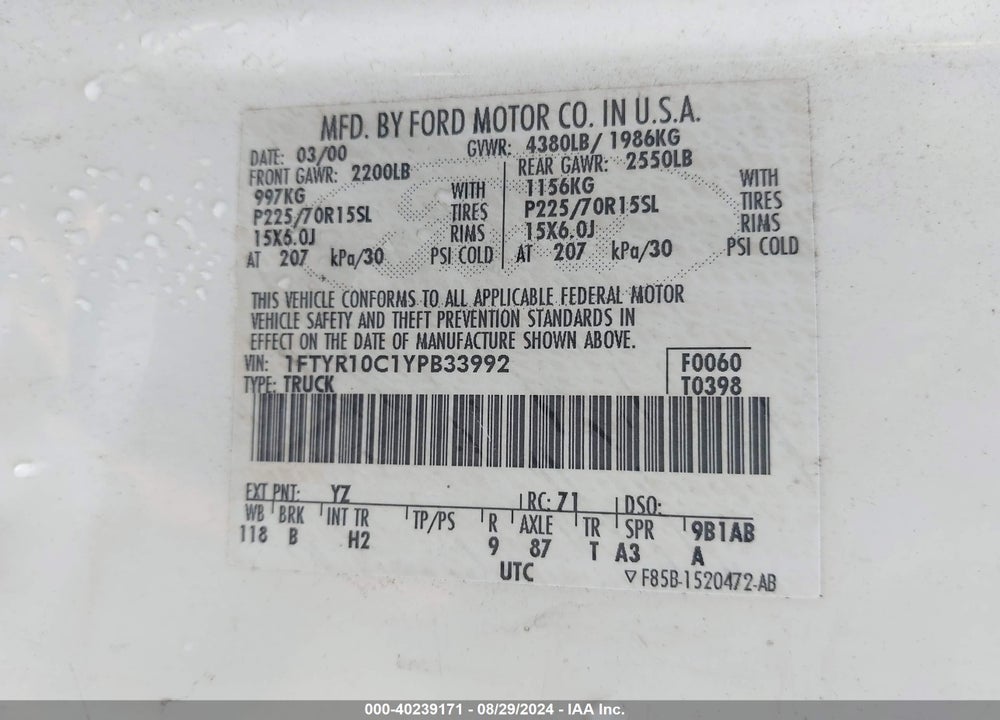 2000 FORD RANGER VIN: 1FTYR10C1YPB33992