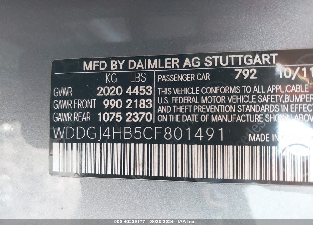 2012 MERCEDES-BENZ C 250 VIN: WDDGJ4HB5CF801491