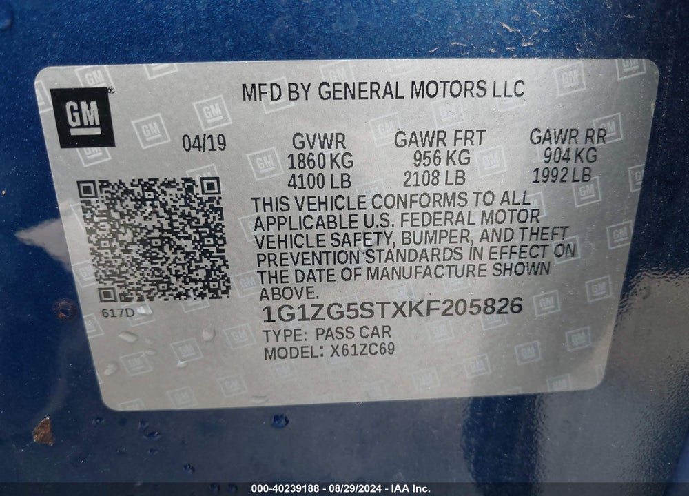 2019 CHEVROLET MALIBU RS VIN: 1G1ZG5STXKF205826