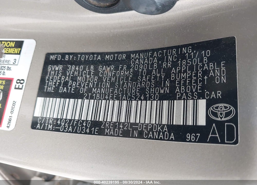 2010 TOYOTA COROLLA VIN: 2T1BU4EE1AC524130
