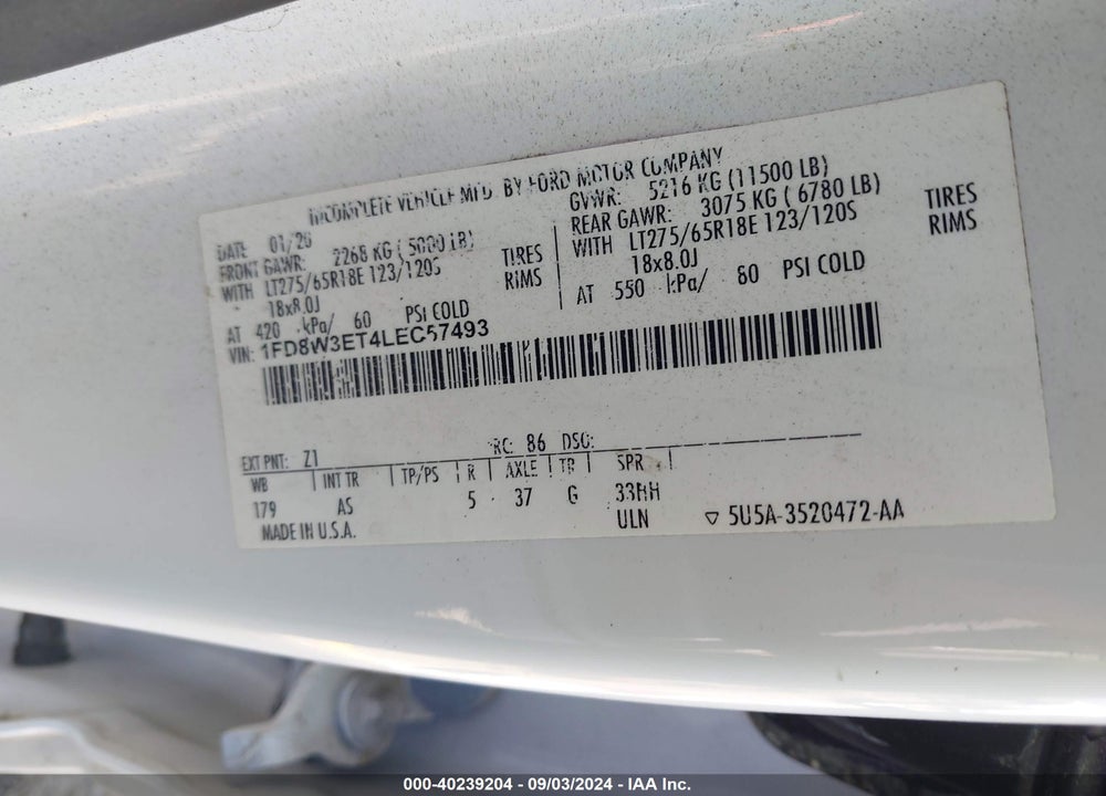 2020 FORD F-350 CHASSIS XL VIN: 1FD8W3ET4LEC57493