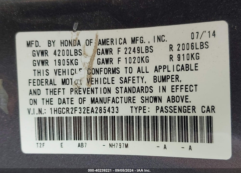 2014 HONDA ACCORD LX VIN: 1HGCR2F32EA285433