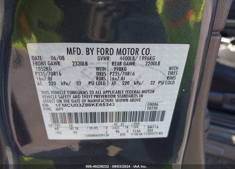 2008 FORD ESCAPE XLT VIN: 1FMCU03Z88KE65343