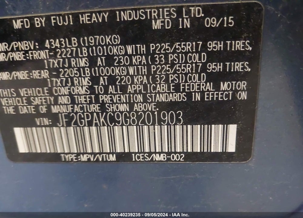 2016 SUBARU CROSSTREK 2.0I LIMITED VIN: JF2GPAKC9G8201903