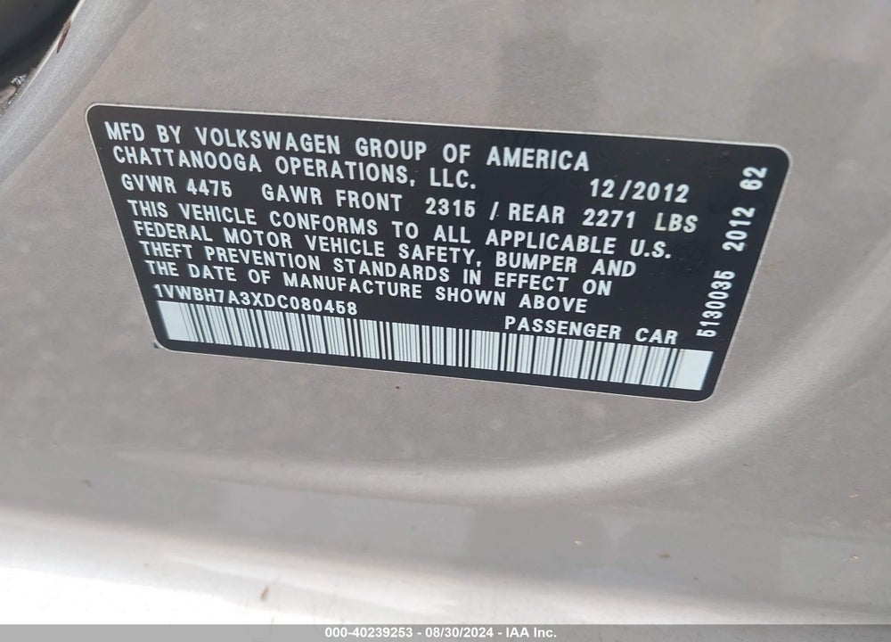2013 VOLKSWAGEN PASSAT 2.5L SE VIN: 1VWBH7A3XDC080458