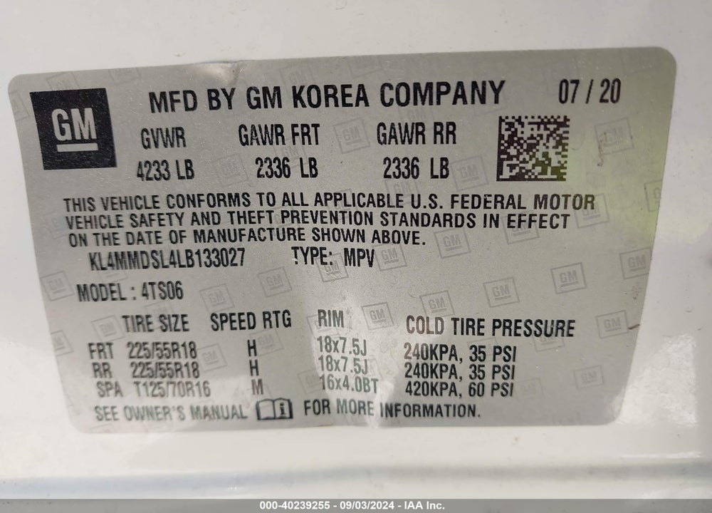 2020 BUICK ENCORE GX FWD SELECT VIN: KL4MMDSL4LB133027