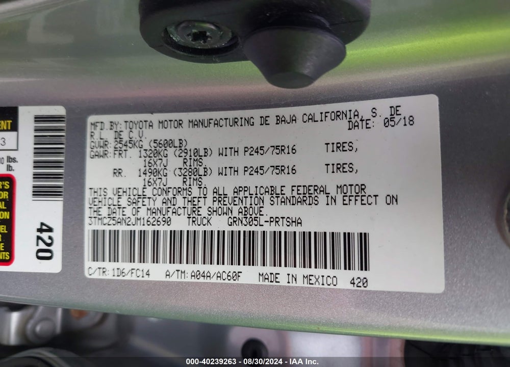 2018 TOYOTA TACOMA SR5 V6 VIN: 3TMCZ5AN2JM162690