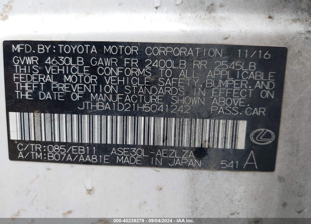 2017 LEXUS IS 200T VIN: JTHBA1D21H5041242