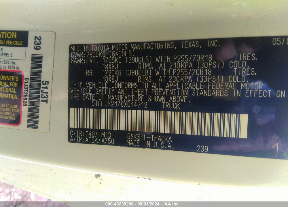 2008 TOYOTA TUNDRA BASE V6 VIN: 5TFLU52178X014212