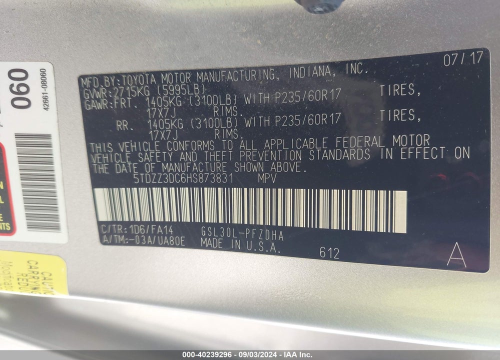 2017 TOYOTA SIENNA L 7 PASSENGER VIN: 5TDZZ3DC6HS873831