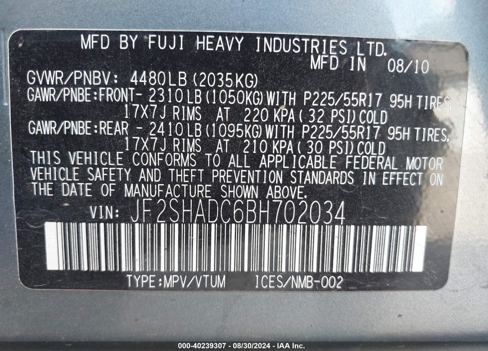 2011 SUBARU FORESTER 2.5X PREMIUM VIN: JF2SHADC6BH702034