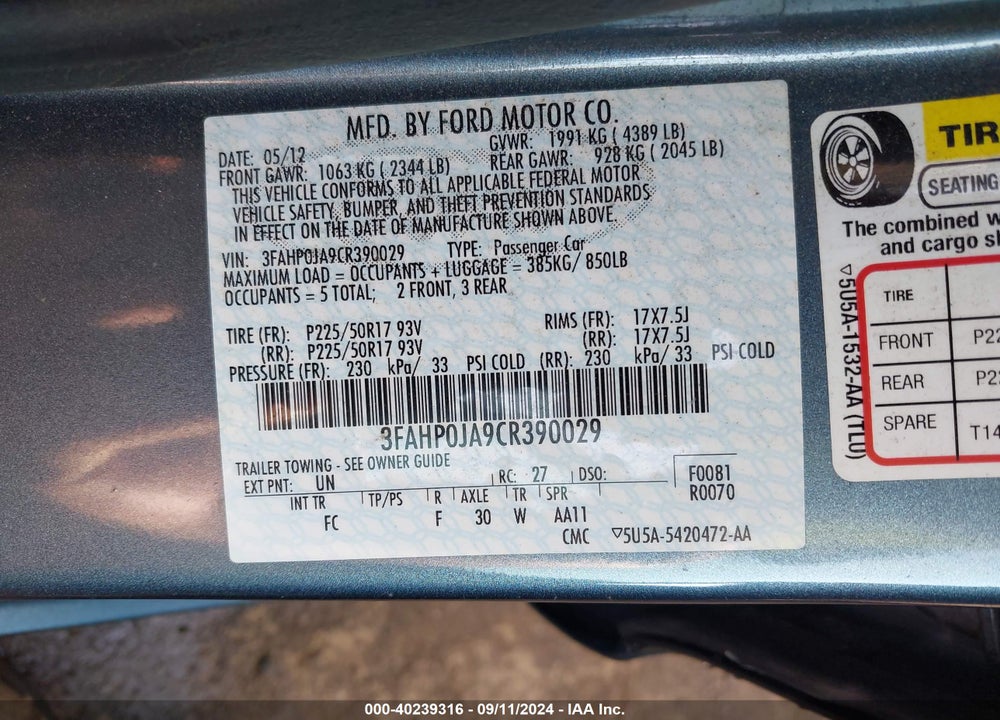2012 FORD FUSION SEL VIN: 3FAHP0JA9CR390029