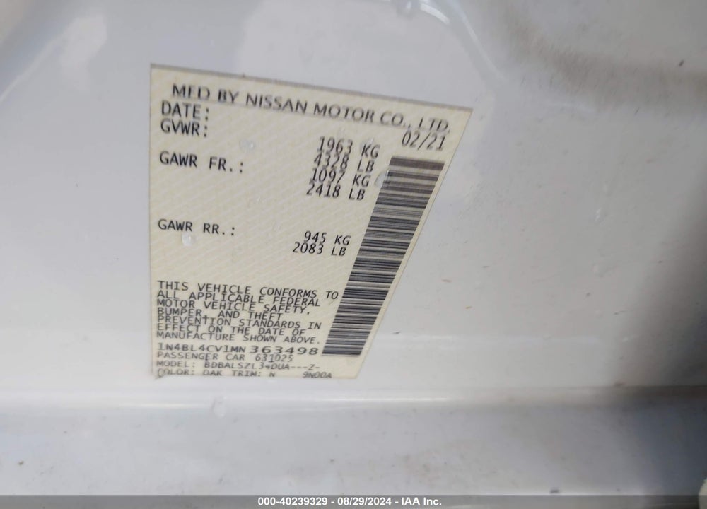 2021 NISSAN ALTIMA VIN: 1N4BL4CV1MN363498
