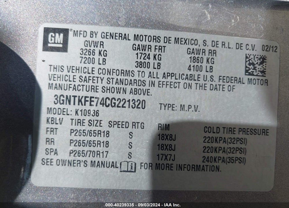 2012 CHEVROLET AVALANCHE 1500 LT1 VIN: 3GNTKFE74CG221320