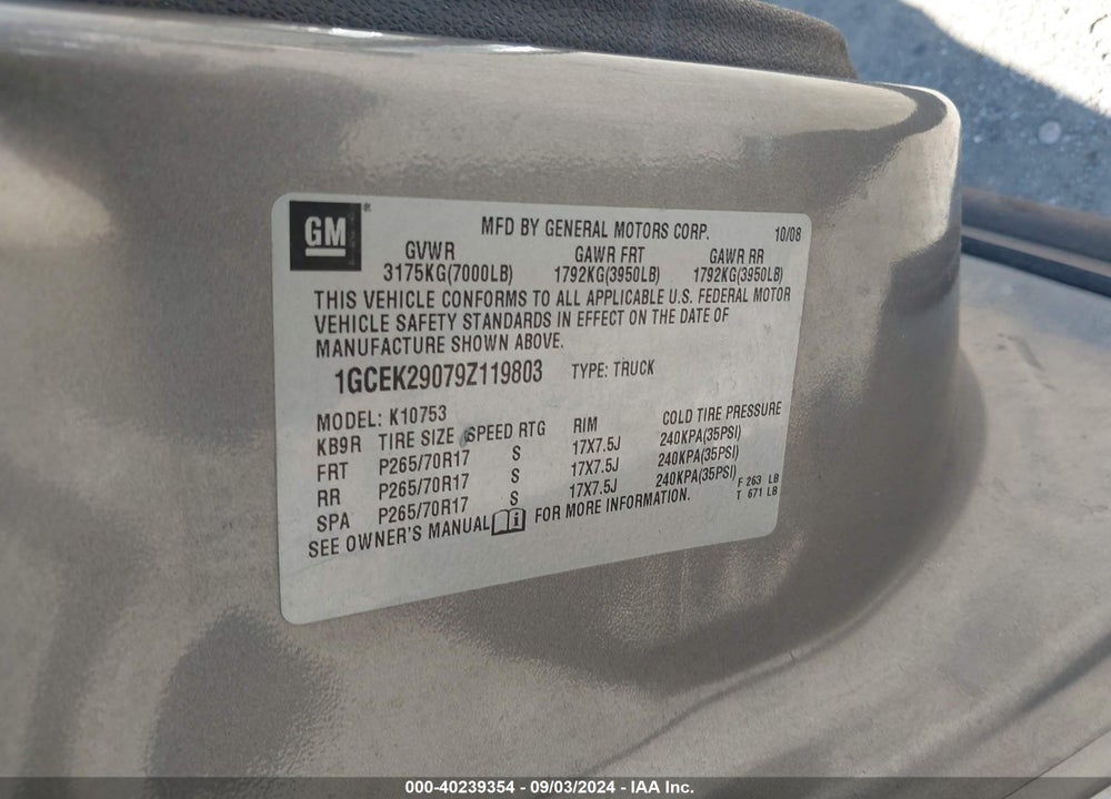 2009 CHEVROLET SILVERADO 1500 LT VIN: 1GCEK29079Z119803