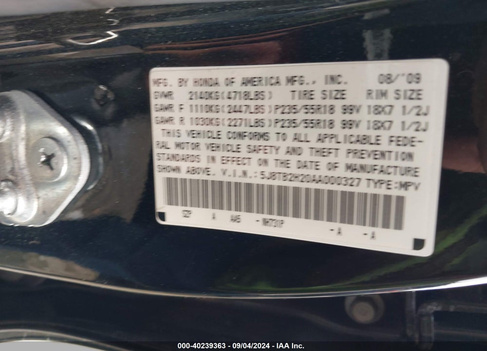 2010 ACURA RDX VIN: 5J8TB2H20AA000327