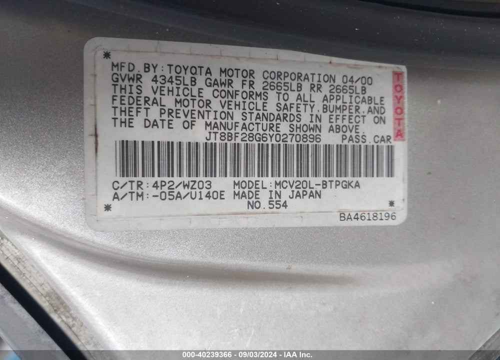 2000 LEXUS ES 300 VIN: JT8BF28G6Y0270896