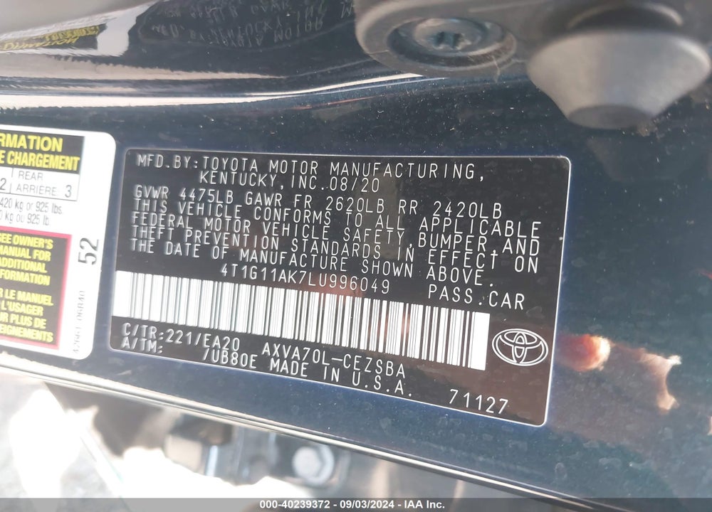 2020 TOYOTA CAMRY SE VIN: 4T1G11AK7LU996049