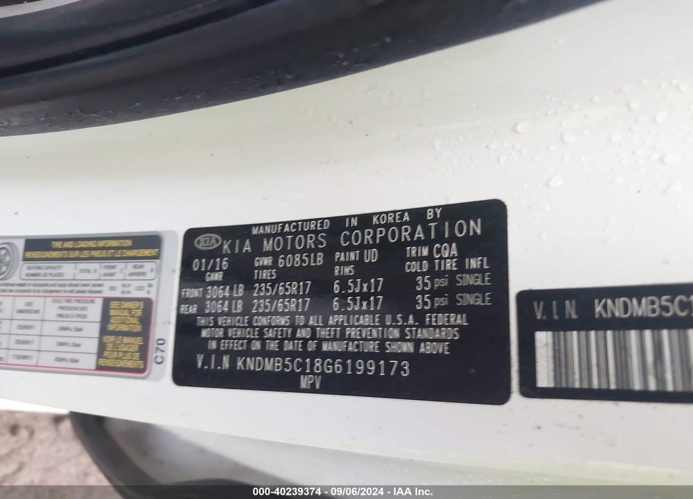 2016 KIA SEDONA LX VIN: KNDMB5C18G6199173