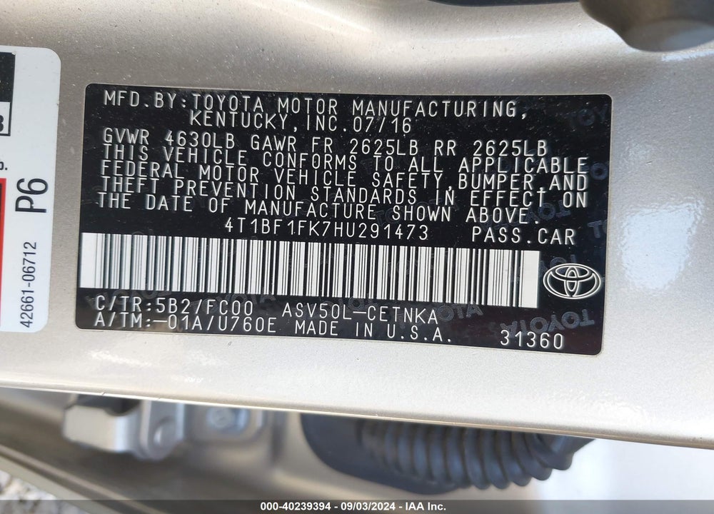2017 TOYOTA CAMRY LE VIN: 4T1BF1FK7HU291473