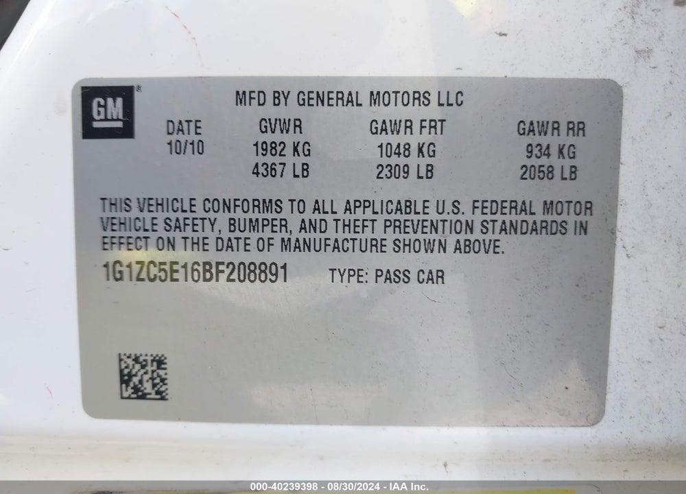 2011 CHEVROLET MALIBU 1LT VIN: 1G1ZC5E16BF208891