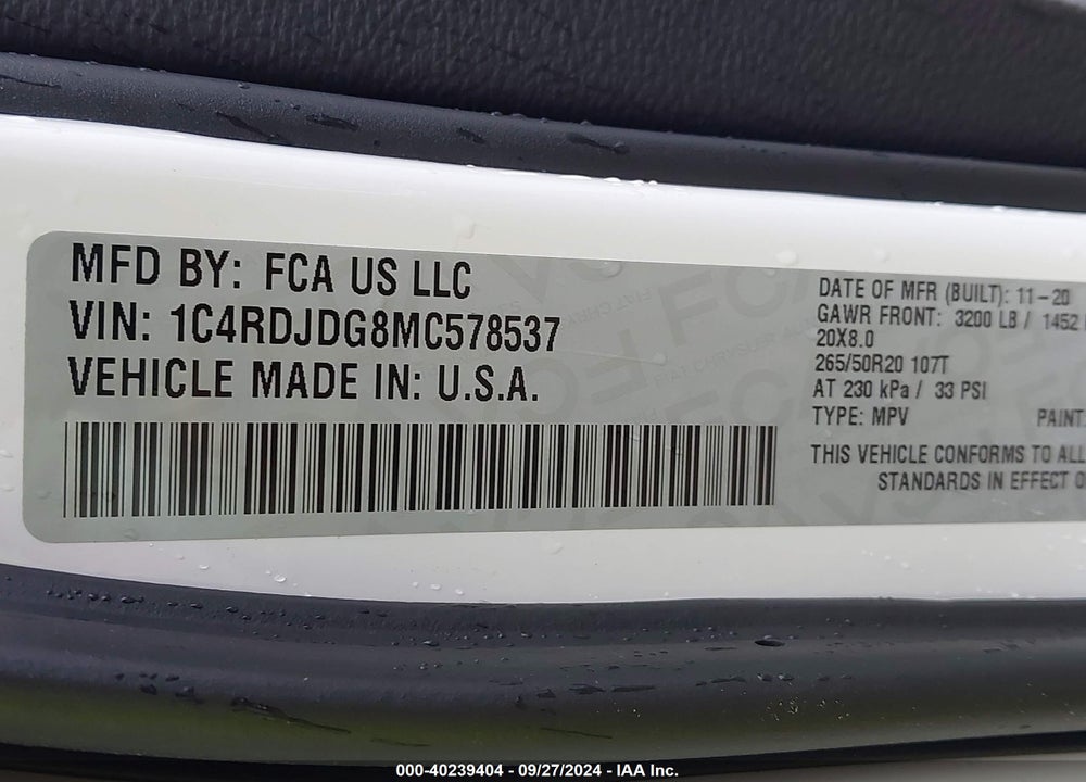 2021 DODGE DURANGO GT AWD VIN: 1C4RDJDG8MC578537