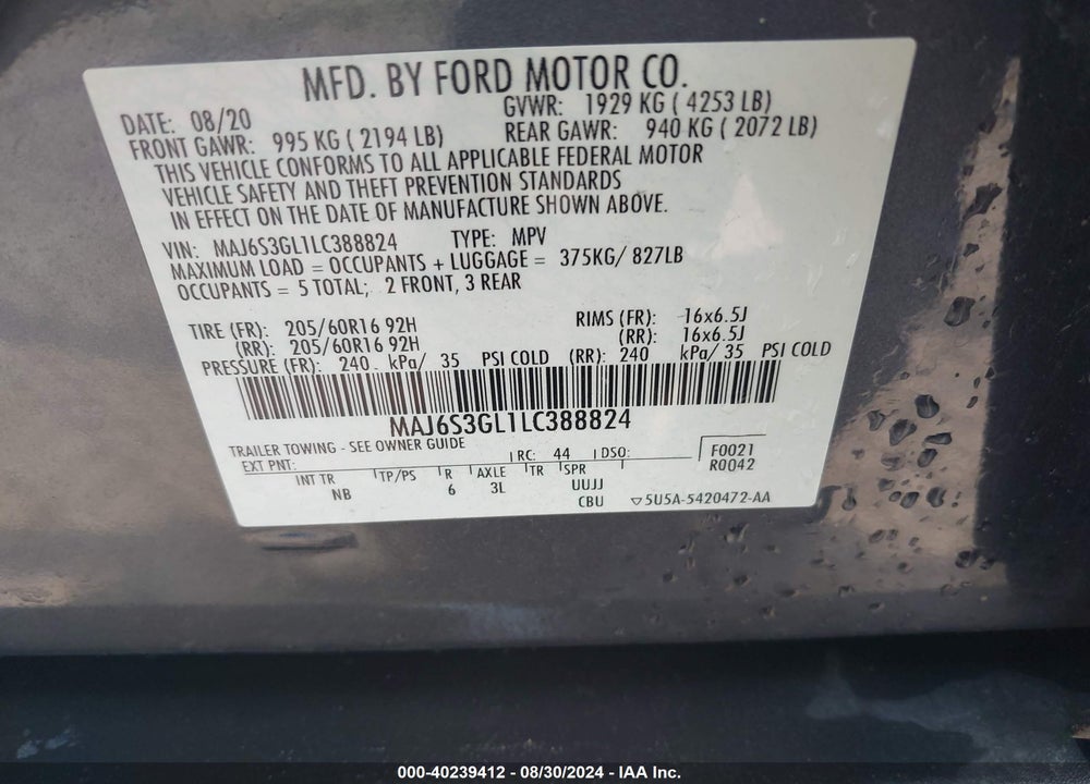 2020 FORD ECOSPORT SE VIN: MAJ6S3GL1LC388824