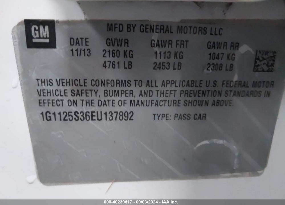 2014 CHEVROLET IMPALA 2LT VIN: 1G1125S36EU137892