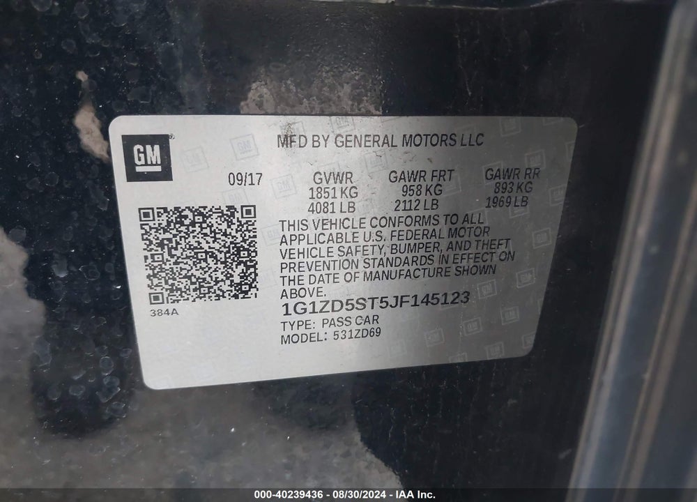2018 CHEVROLET MALIBU LT VIN: 1G1ZD5ST5JF145123
