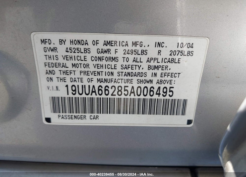 2005 ACURA TL VIN: 19UUA66285A006495