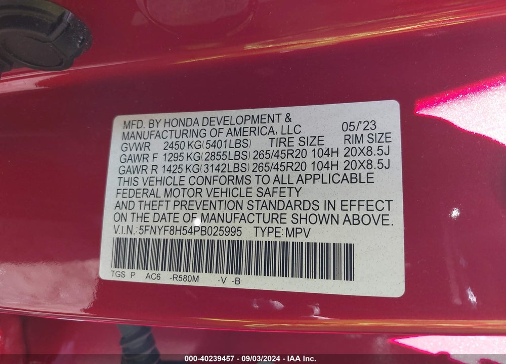 2023 HONDA PASSPORT AWD EX-L VIN: 5FNYF8H54PB025995