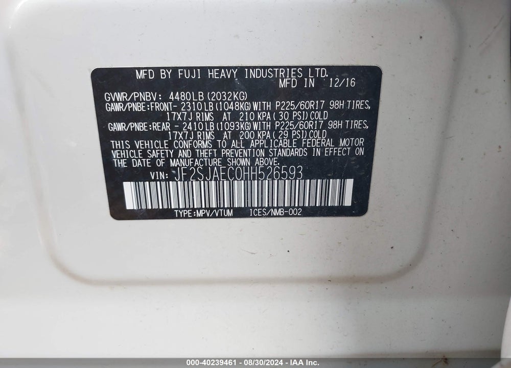 2017 SUBARU FORESTER 2.5I PREMIUM VIN: JF2SJAEC0HH526593