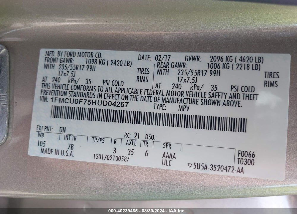 2017 FORD ESCAPE S VIN: 1FMCU0F75HUD04267