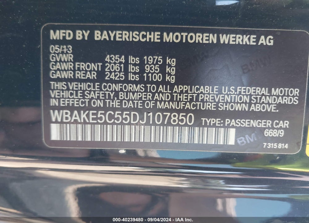 2013 BMW 328I VIN: WBAKE5C55DJ107850