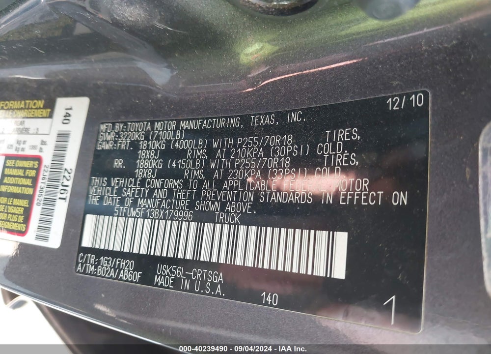 2011 TOYOTA TUNDRA GRADE 5.7L V8 VIN: 5TFUW5F13BX179996