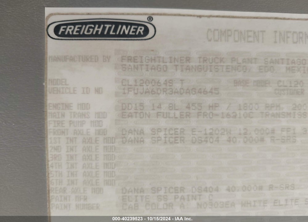 2010 FREIGHTLINER COLUMBIA COLUMBIA VIN: 1FUJA6DR3ADAG4645