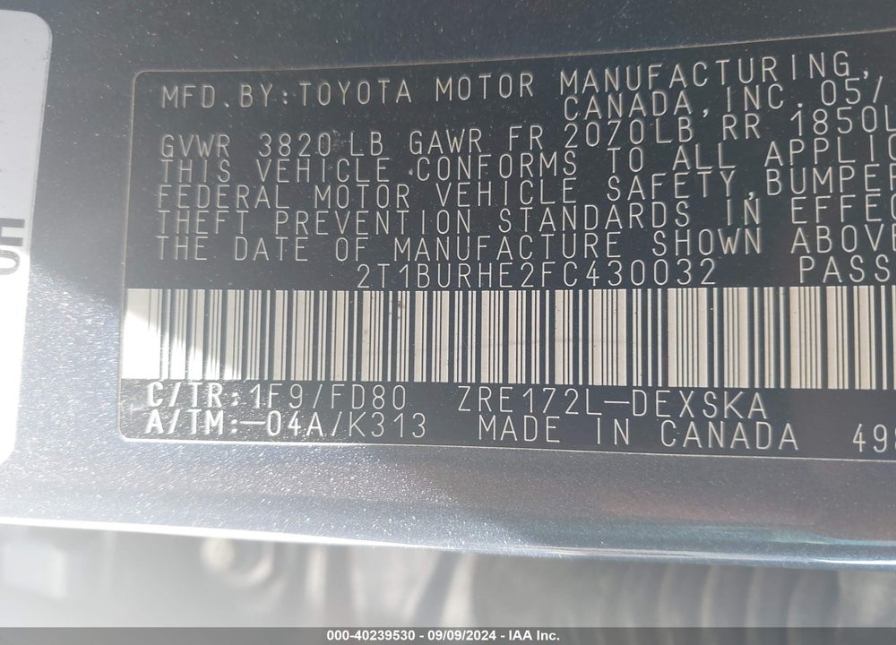 2015 TOYOTA COROLLA S PLUS VIN: 2T1BURHE2FC430032