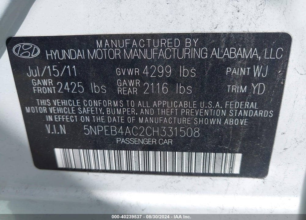 2012 HYUNDAI SONATA GLS VIN: 5NPEB4AC2CH331508