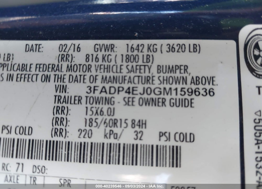 2016 FORD FIESTA SE VIN: 3FADP4EJ0GM159636