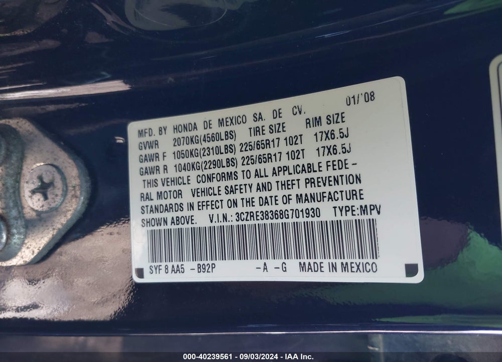 2008 HONDA CR-V LX VIN: 3CZRE38368G701930