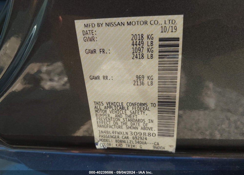2020 NISSAN ALTIMA PLATINUM INTELLIGENT AWD VIN: 1N4BL4FWXLN309880