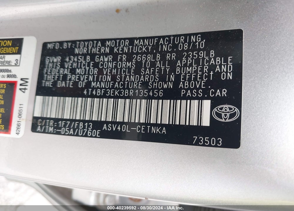 2011 TOYOTA CAMRY LE VIN: 4T4BF3EK3BR135456
