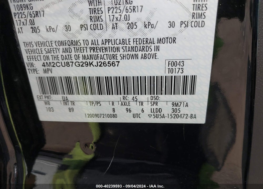 2009 MERCURY MARINER PREMIER V6 VIN: 4M2CU87G29KJ26567