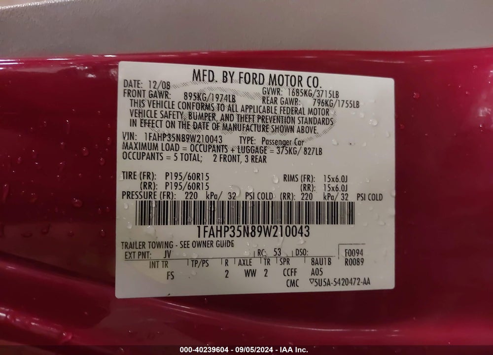 2009 FORD FOCUS SE VIN: 1FAHP35N89W210043