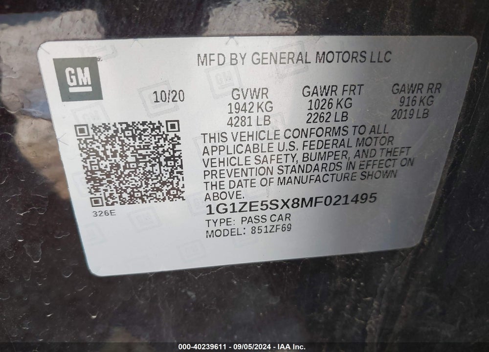 2021 CHEVROLET MALIBU FWD PREMIER VIN: 1G1ZE5SX8MF021495