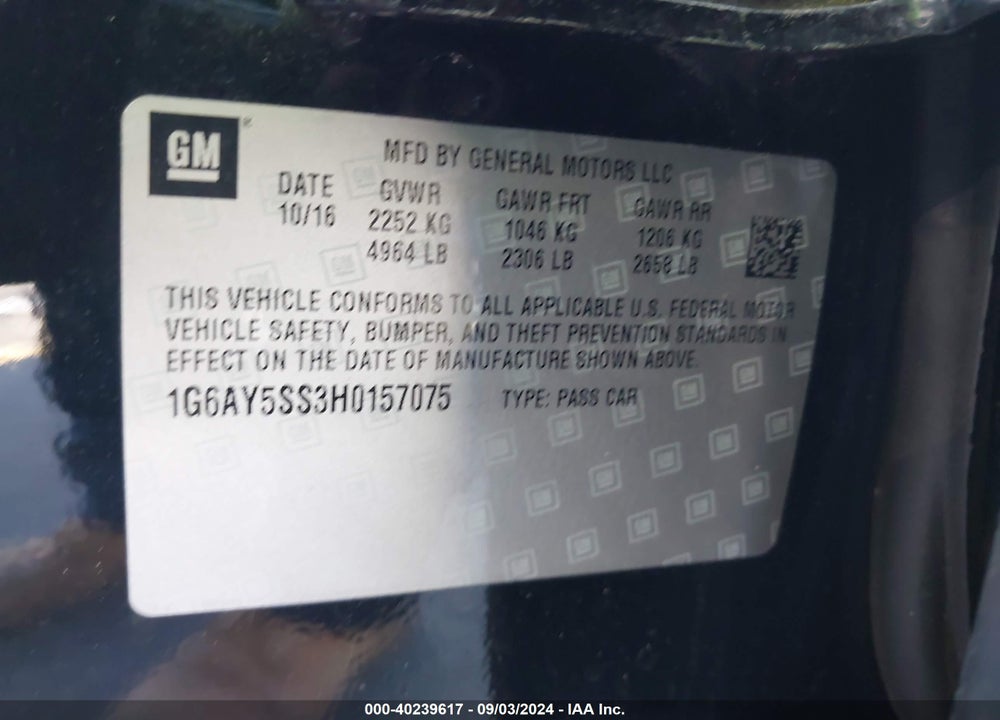 2017 CADILLAC CTS VIN: 1G6AY5SS3H0157075