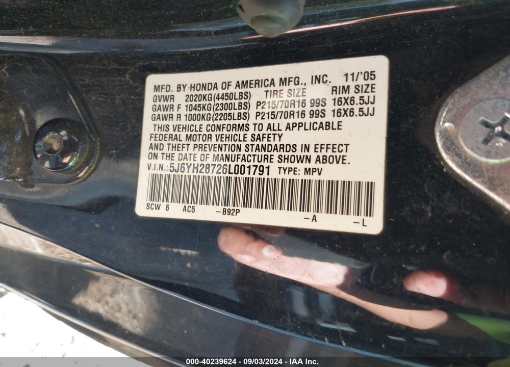 2006 HONDA ELEMENT EX-P VIN: 5J6YH28726L001791