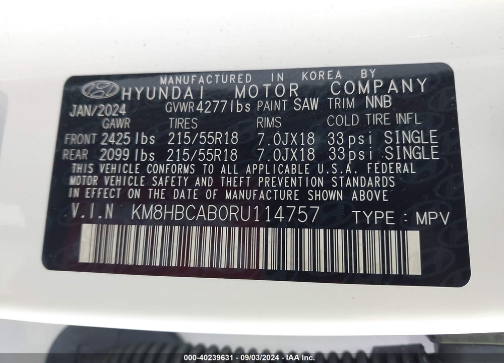 2024 HYUNDAI KONA SEL VIN: KM8HBCAB0RU114757