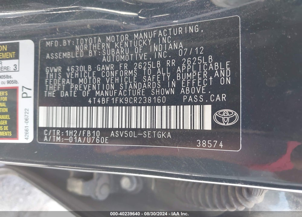 2012 TOYOTA CAMRY XLE VIN: 4T4BF1FK9CR238160